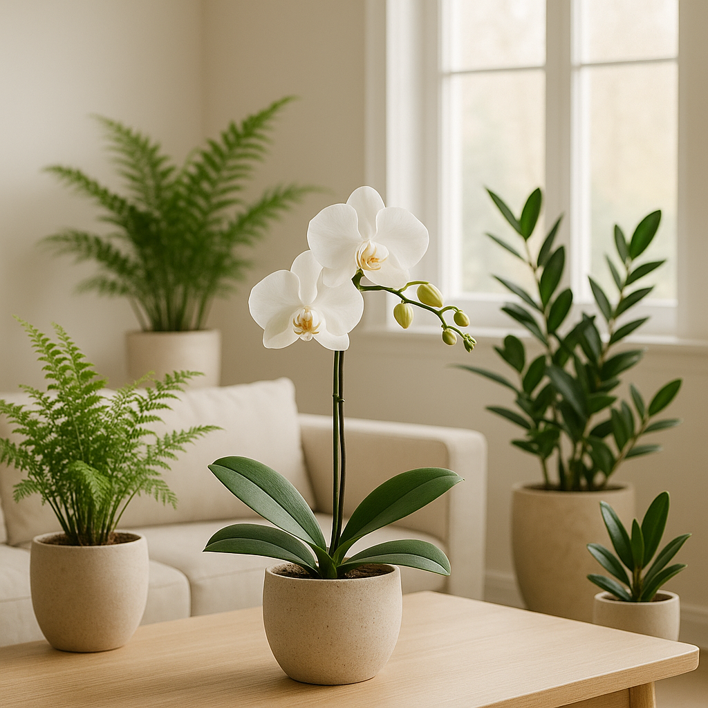 A minimalist living room with a white orchid on the center table, surrounded by green indoor plants like ferns, snake plants, and ZZ plants, styled in neutral-toned planters.